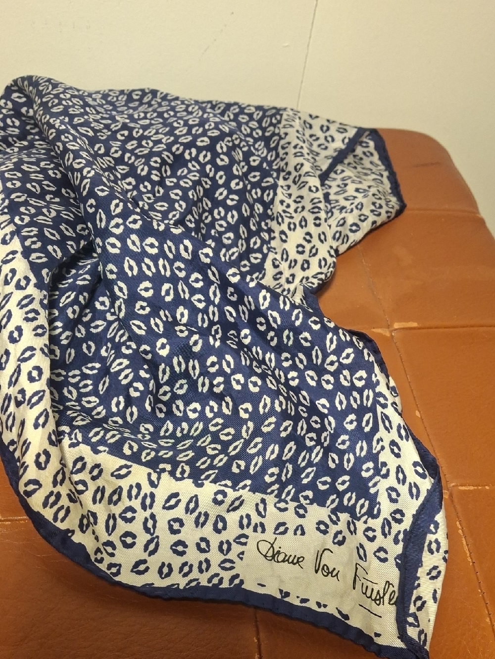 Diane Von Furstenberg Navy and White Leopard Print Silk Scarf